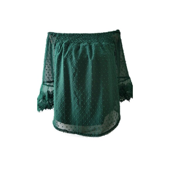 Chiffon Green Off The Shoulder Pom Pom Swiss Dot Lantern Sleeve Tunic Top Sz S - Picture 4 of 5